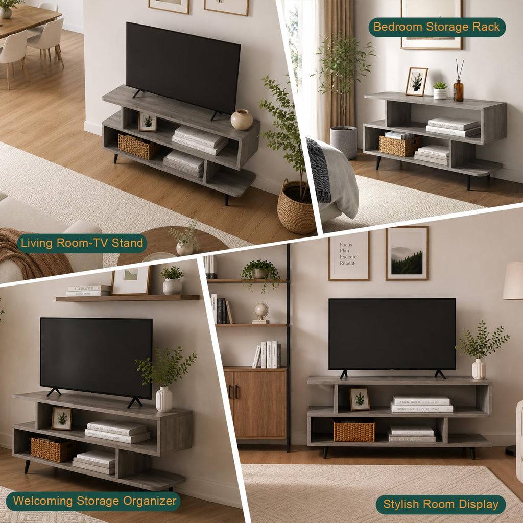45 inch Light Grey TV Stand with 3-Tier Open Storage Shelves B6319