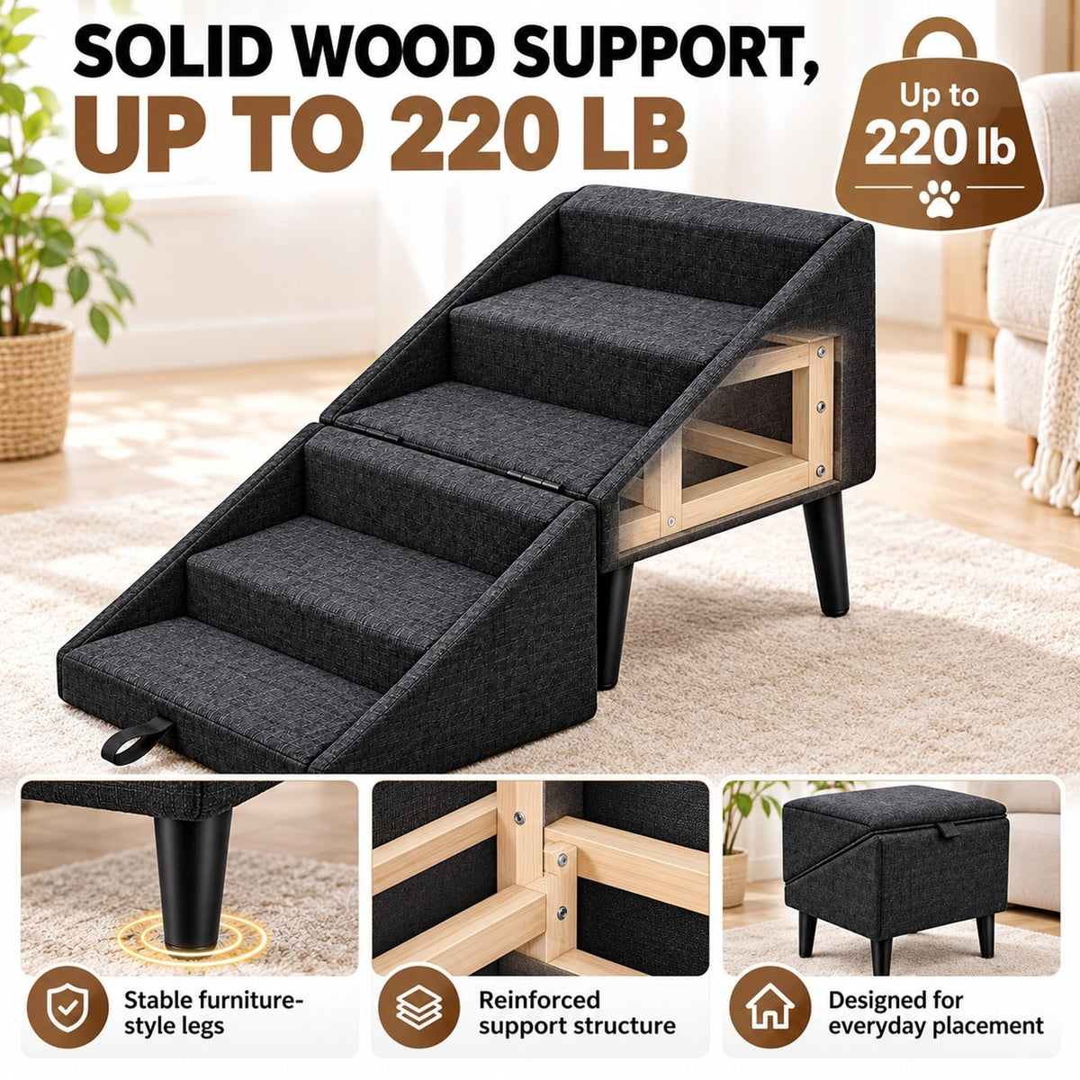 Foldable Dog Stairs Ottoman 2 in 1 Storage Pet Steps F55227