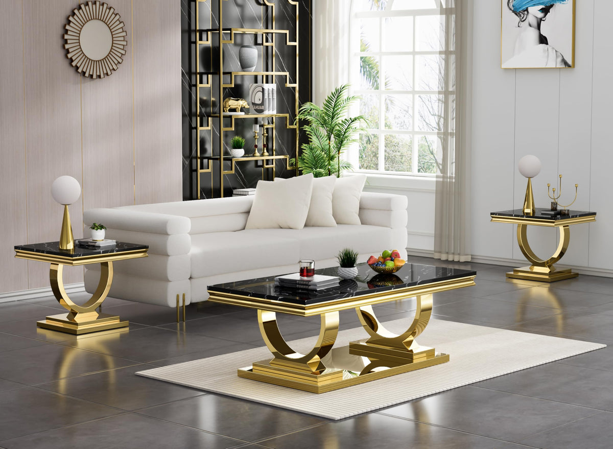47" Black Faux Marble Coffee Table with Gold Pedestal Base L858