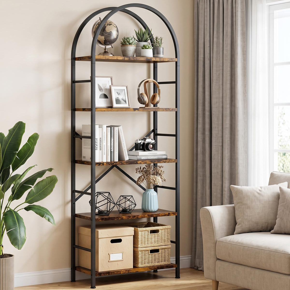 5 Tier Rustic Brown Bookshelf with Metal Frame G920173