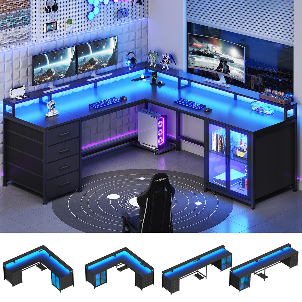 L Shaped Gaming Desk with 4 Drawers and Power Outlet, Black G4832