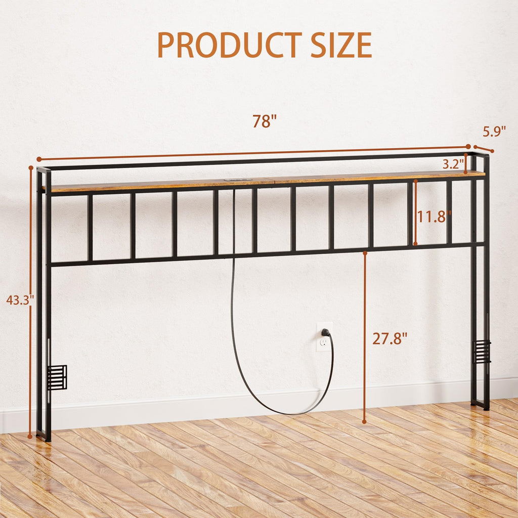 King Size Headboard with LED Light, Outlets and USB Ports, Storage Rack, Rustic Brown A1410