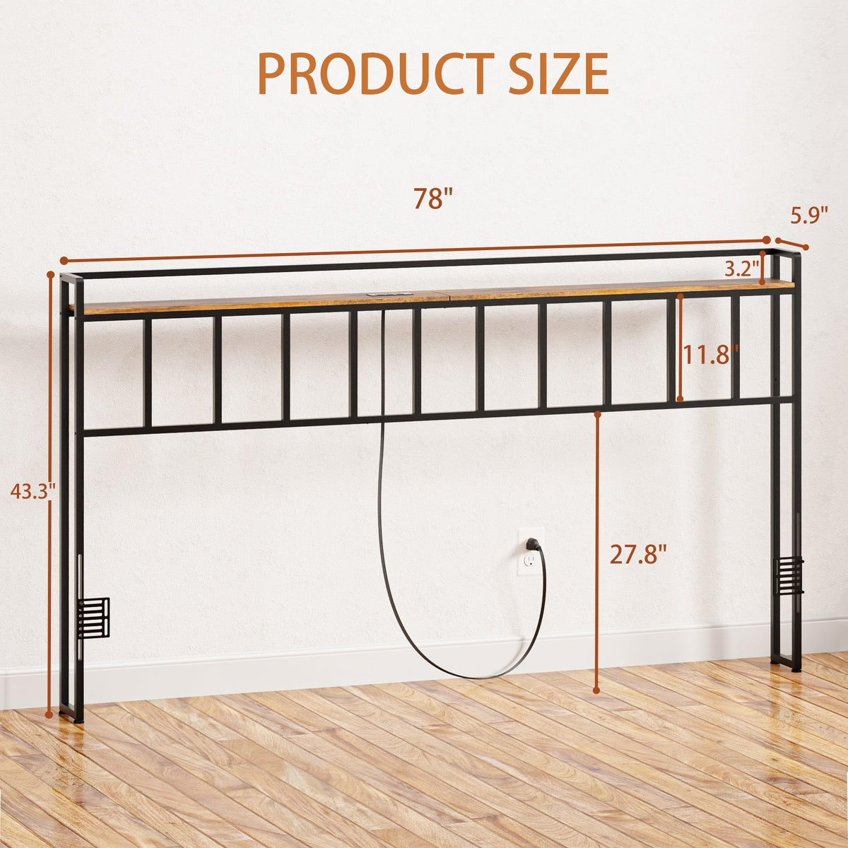 King Size Headboard with LED Light, Outlets and USB Ports, Storage Rack, Rustic Brown A1410