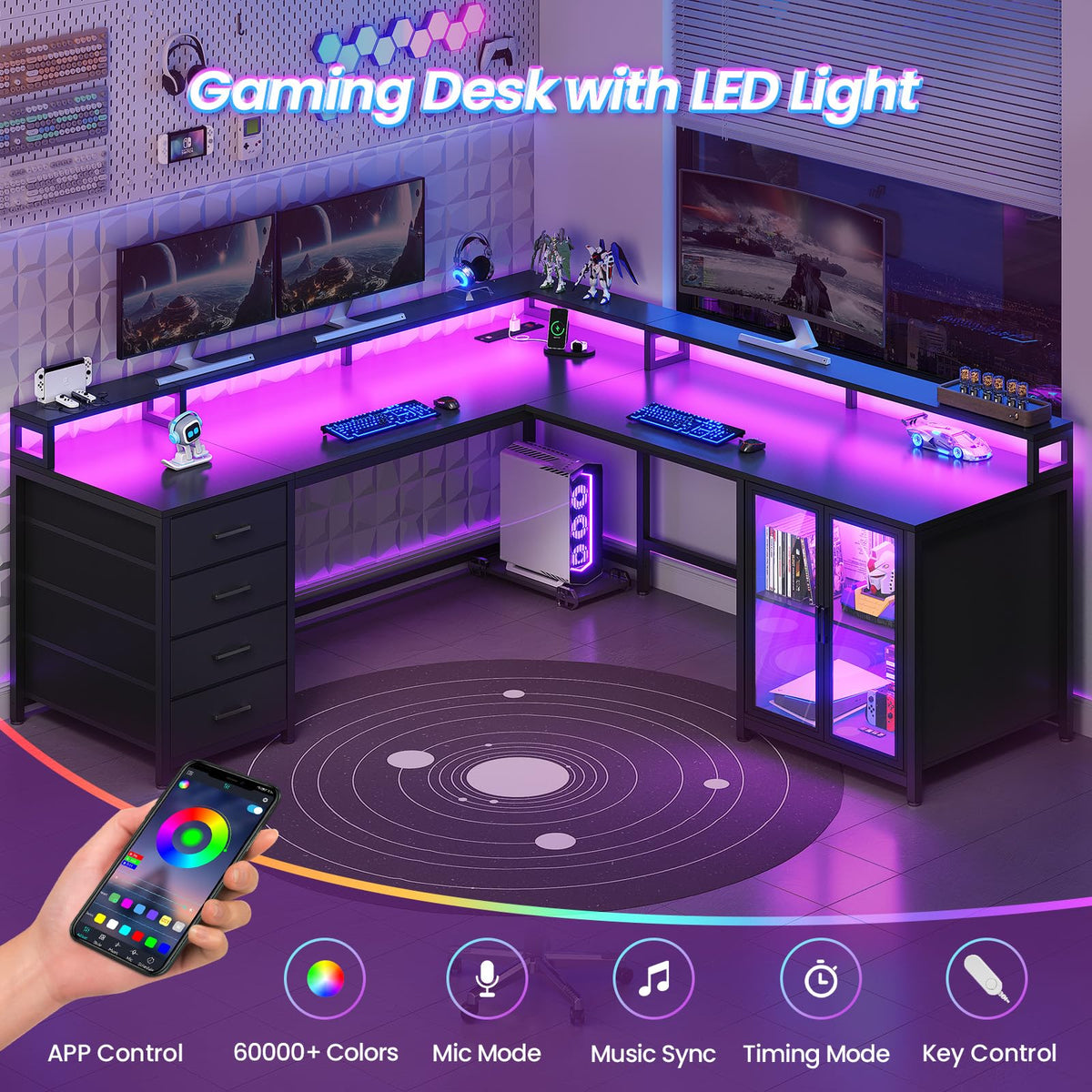 L Shaped Gaming Desk with 4 Drawers and Power Outlet, Black G4832
