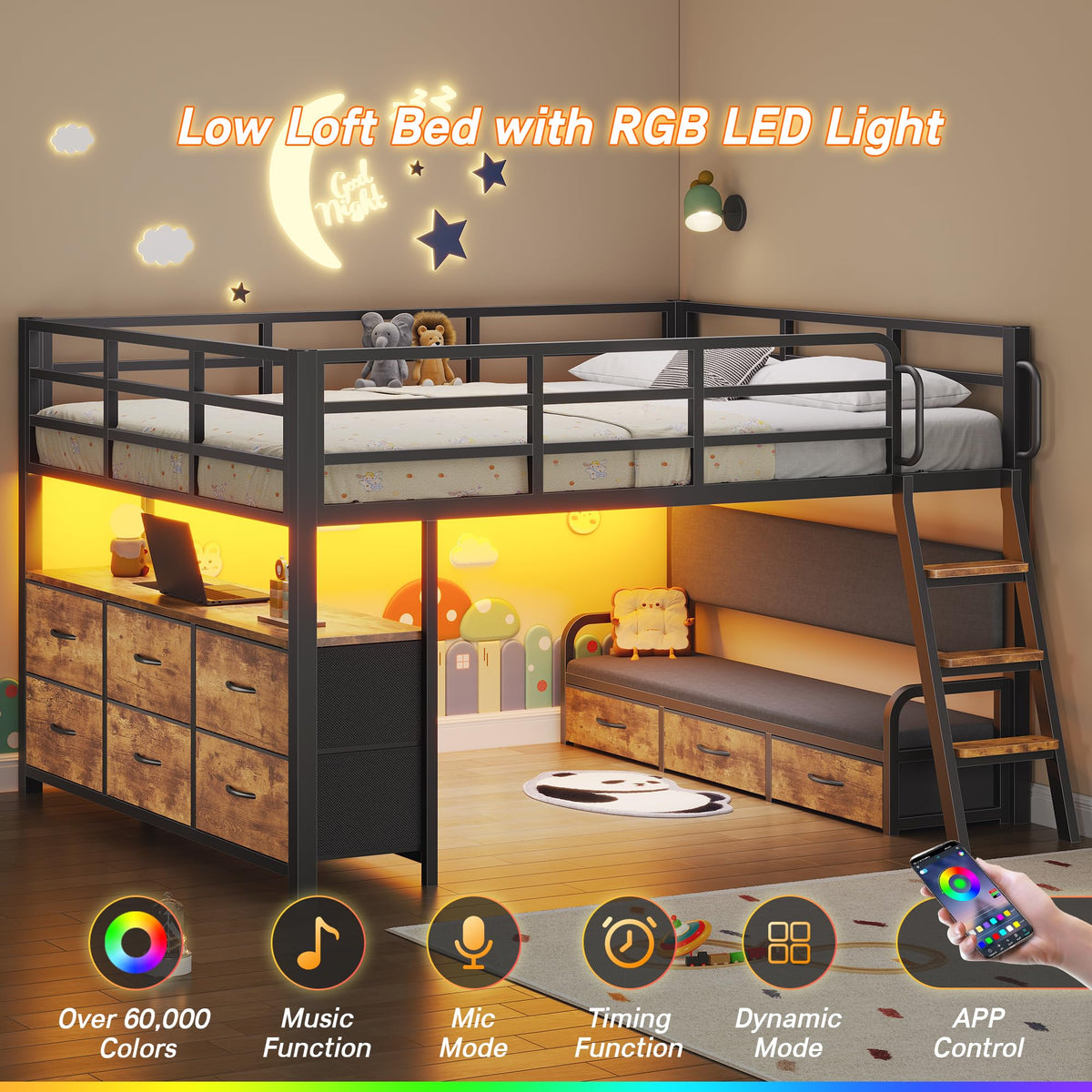 Full Size Low Loft Bed with Desk and 9 Storage Drawers P362