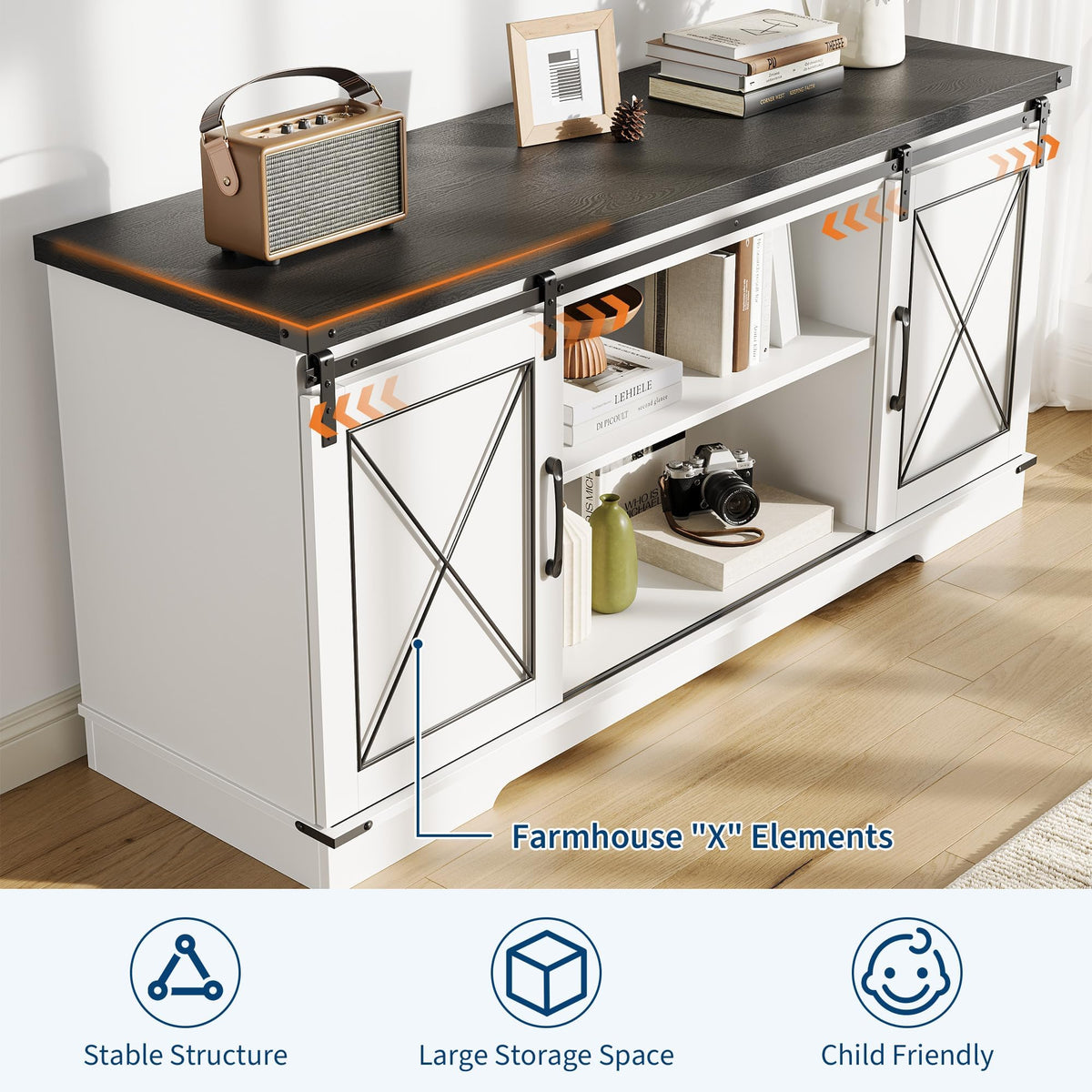 White Farmhouse TV Stand with Sliding Barn Doors O546587