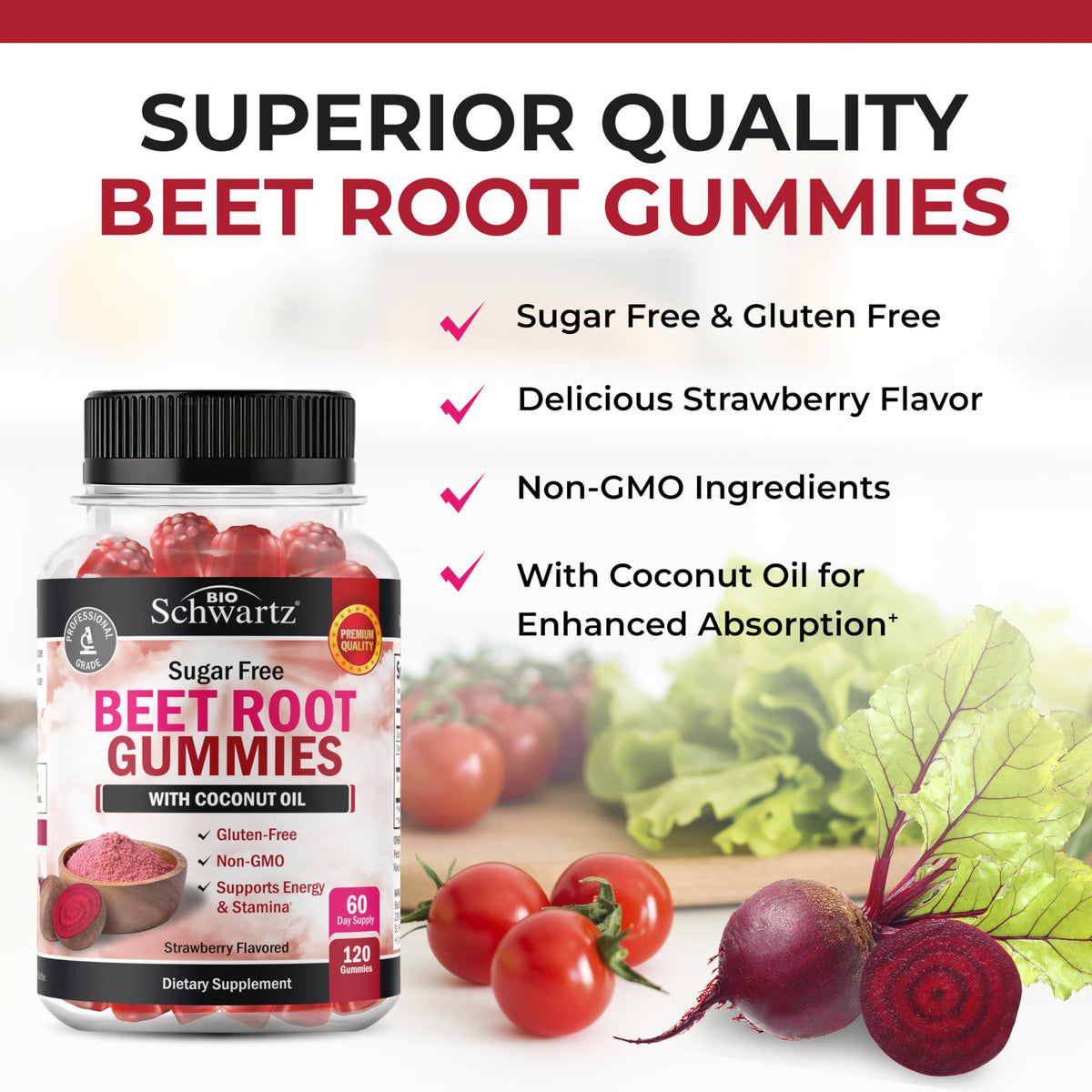 Sugar Free Beet Root Gummies Strawberry Flavor 120 Count U749070