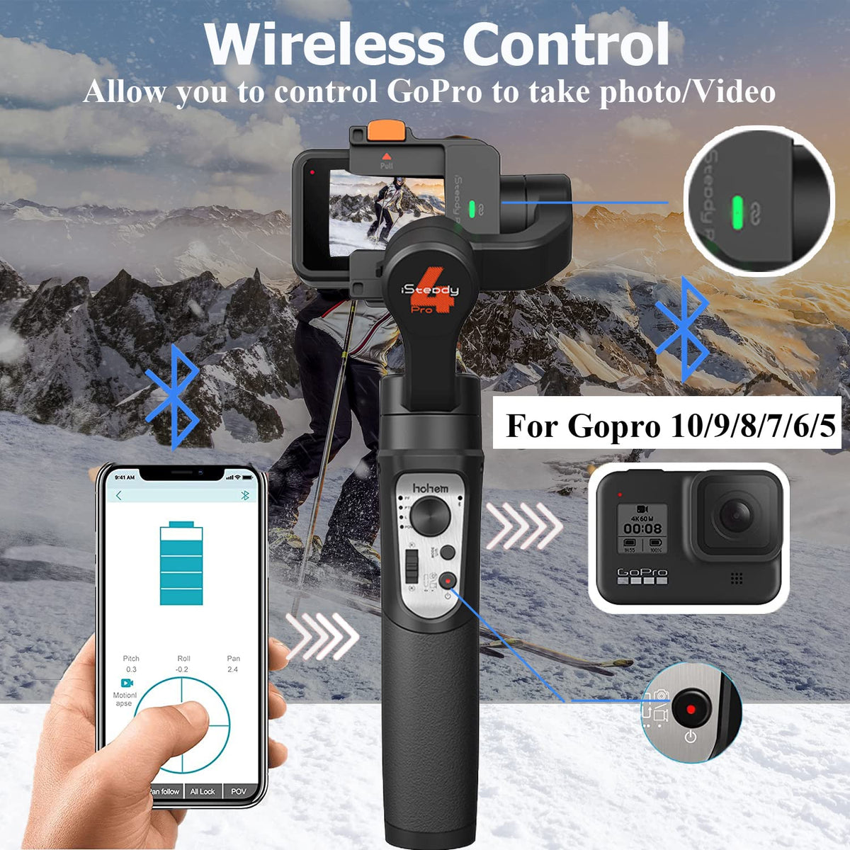 Action Camera Gimbal Stabilizer 3-Axis Bluetooth Cable Control IPX4 I7451
