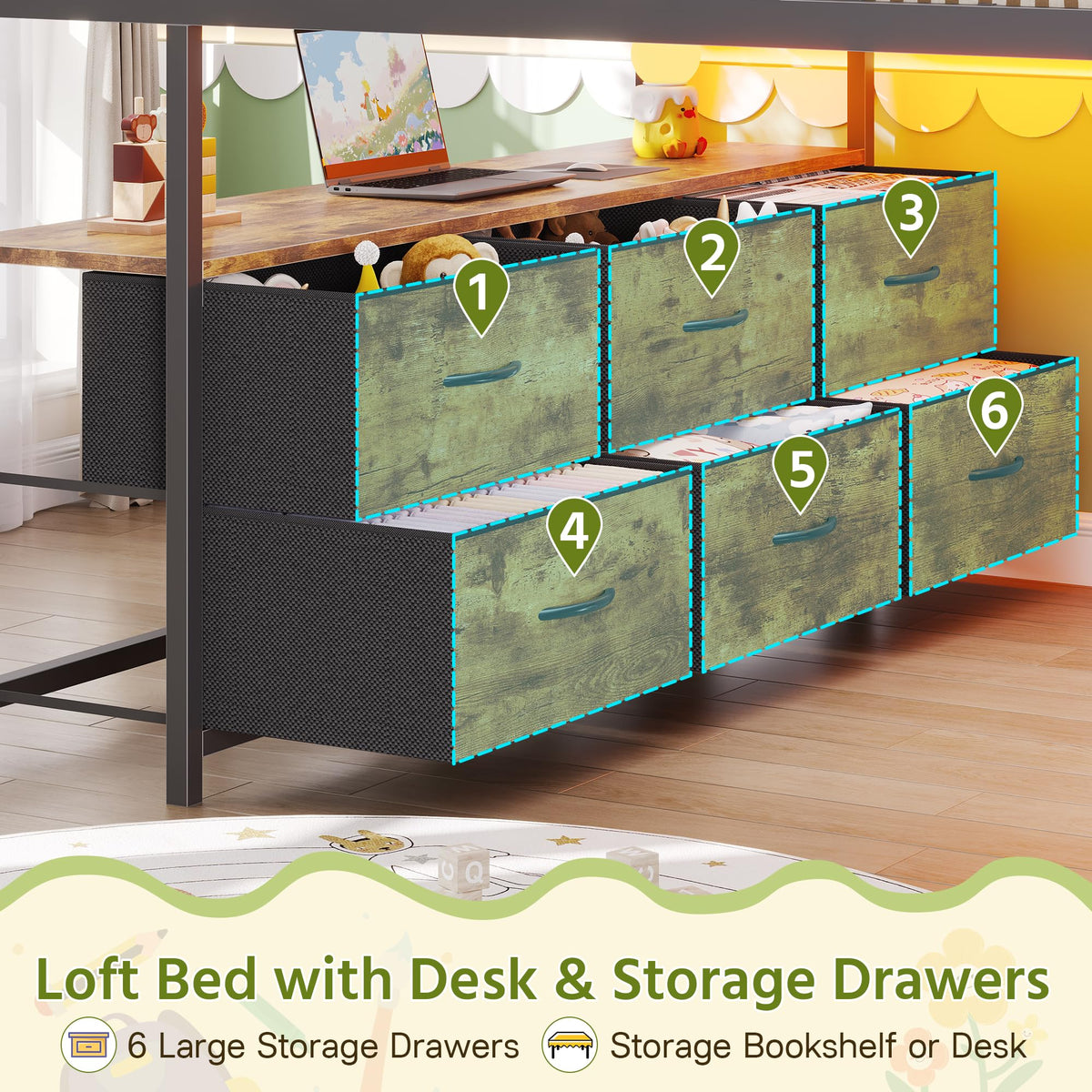 Full Size Low Loft Bed with Desk and 9 Storage Drawers P362