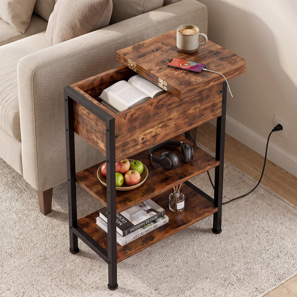 End Table with Charging Station, 3-Tier Storage Nightstand E306