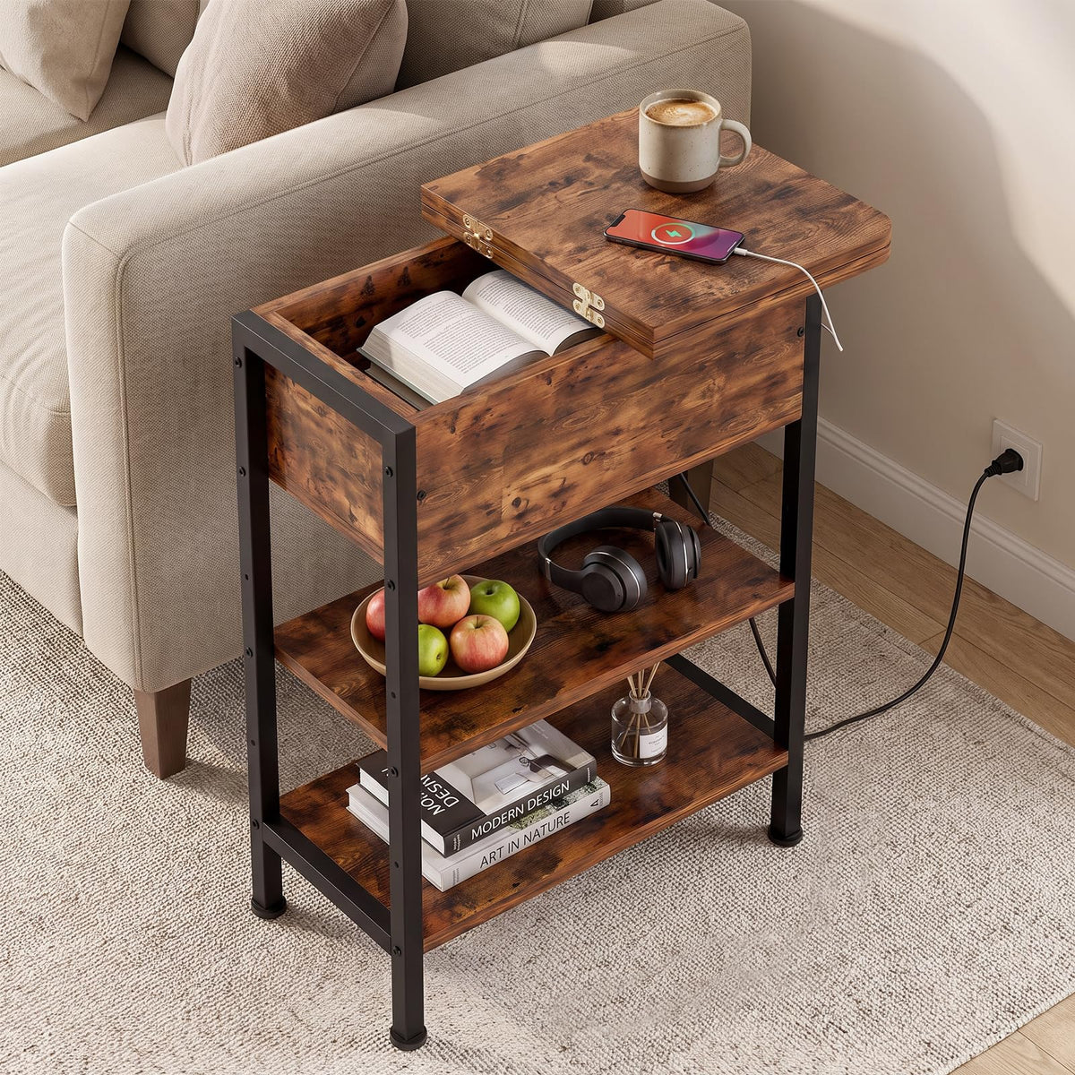 End Table with Charging Station, 3-Tier Storage Nightstand E306