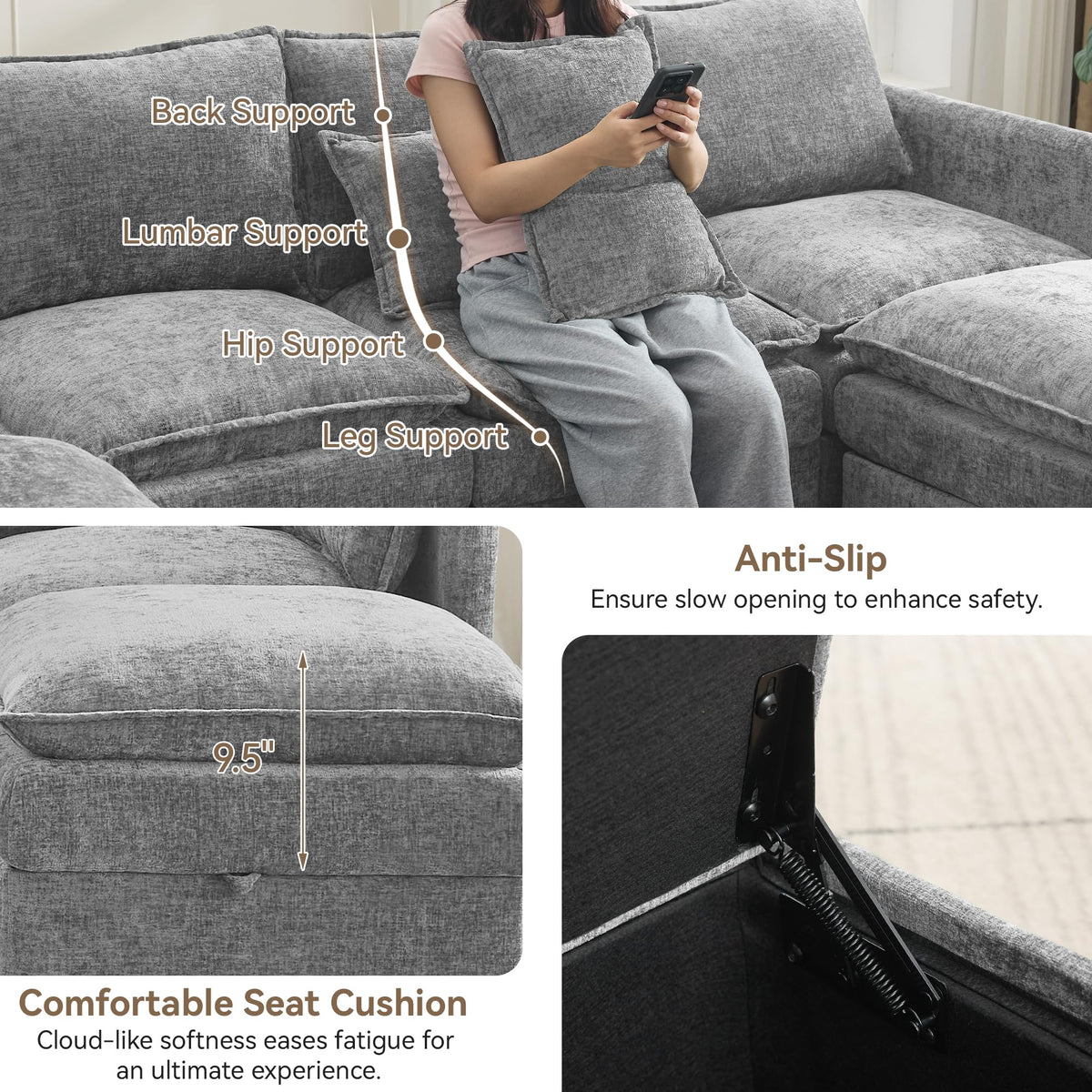 Light Grey Chenille 2 Seater Loveseat Sofa with Storage I766131