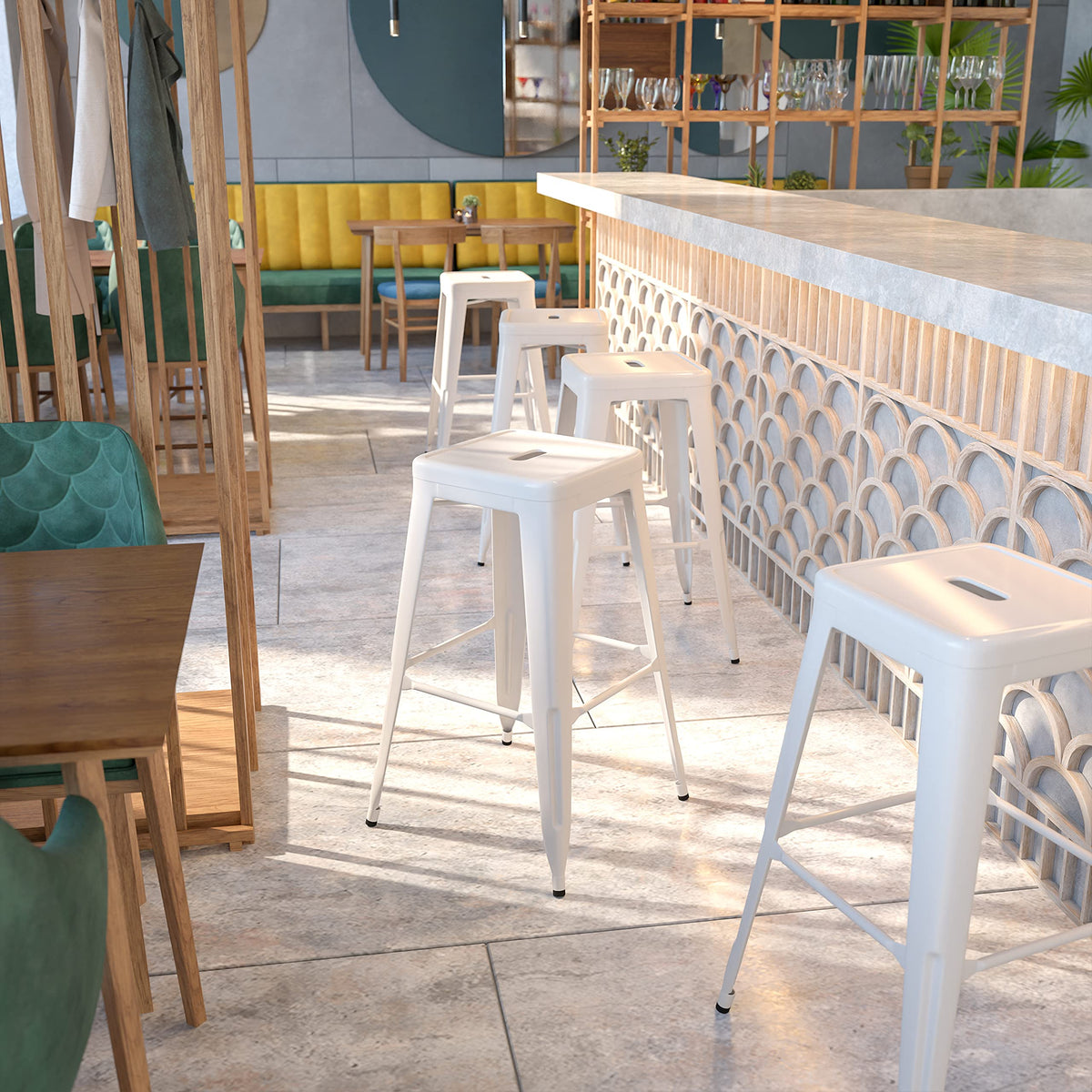 White Metal Indoor-Outdoor Barstool with Square Seat X75687